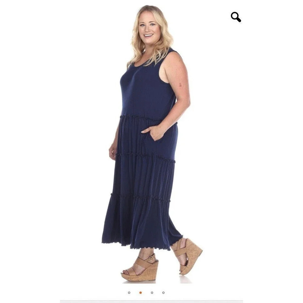 navy blue scoop neck tiered dress maxi L Soft Stretchy Comfortable Classic Style
